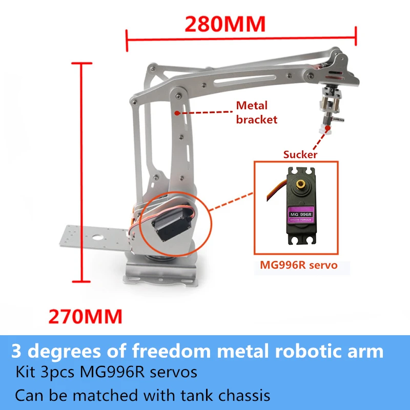 

SZDOIT 3 Degrees of Freedom Metal Robotic Arm Kit 3pcs MG996R High Torque Servo Maker DIY RC Robotic Arm Robot Model for Arduino