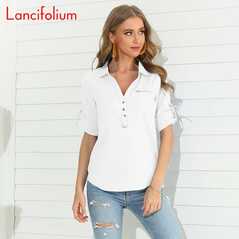 V Neck Tunic Chemise Femme Women Button Half Sleeve Office Blouse Ladies 2020 Spring Summer Shirt Vintage Top Blue White Blouse