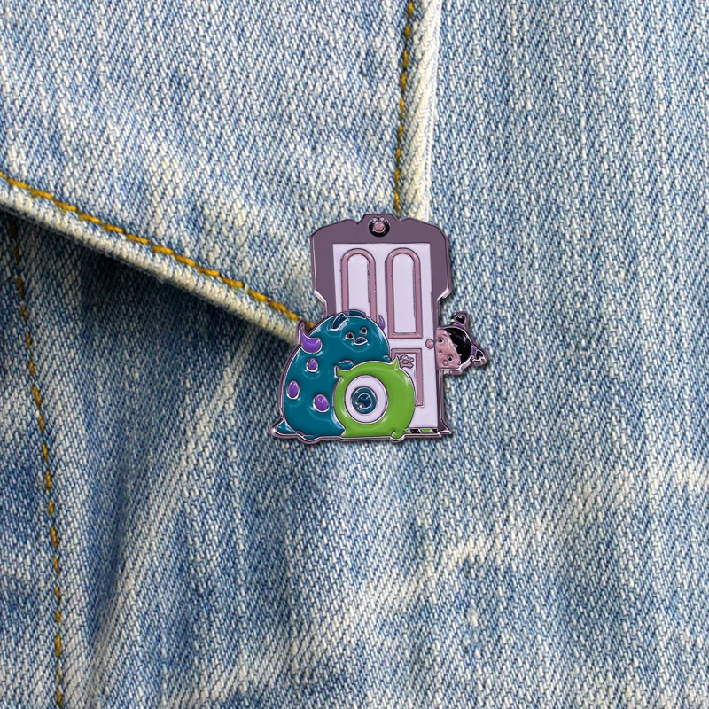 Monsters Inc. Badge Sulley Mike and Boo Peeking at the Door Pin Cute Jacket Backpack Decor for Anime Movie Fans