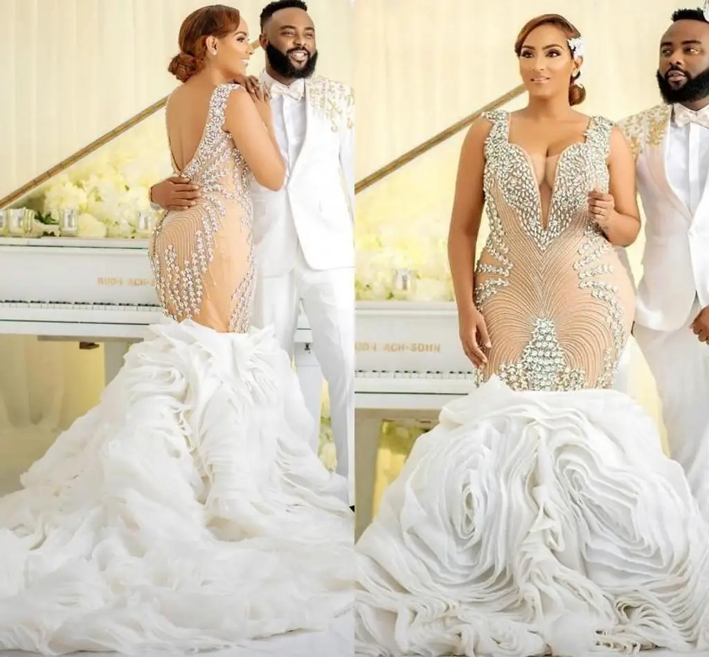 Vestidos de novia africanos de sirena personalizados, vestidos de novia de talla grande con cuentas de cristal de lujo, volantes en cascada, trompeta