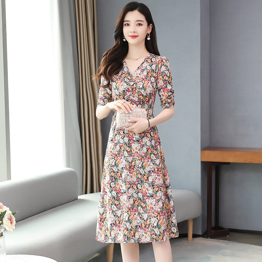 2022 Voan Cao Cấp Tranh Áo Mùa Hè Vintage Sang Trọng In Midi Sundress Nữ Thanh Lịch Bodycon Dự Tiệc Tối Vestidos