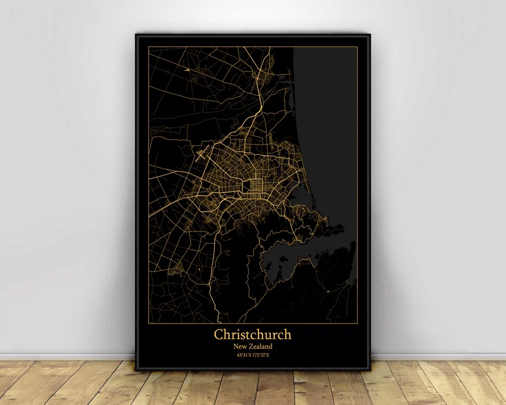 Christchurch New Zealand Black&Gold City Light Maps Custom World City Map Posters Canvas Prints Nordic Style Wall Art Home Decor