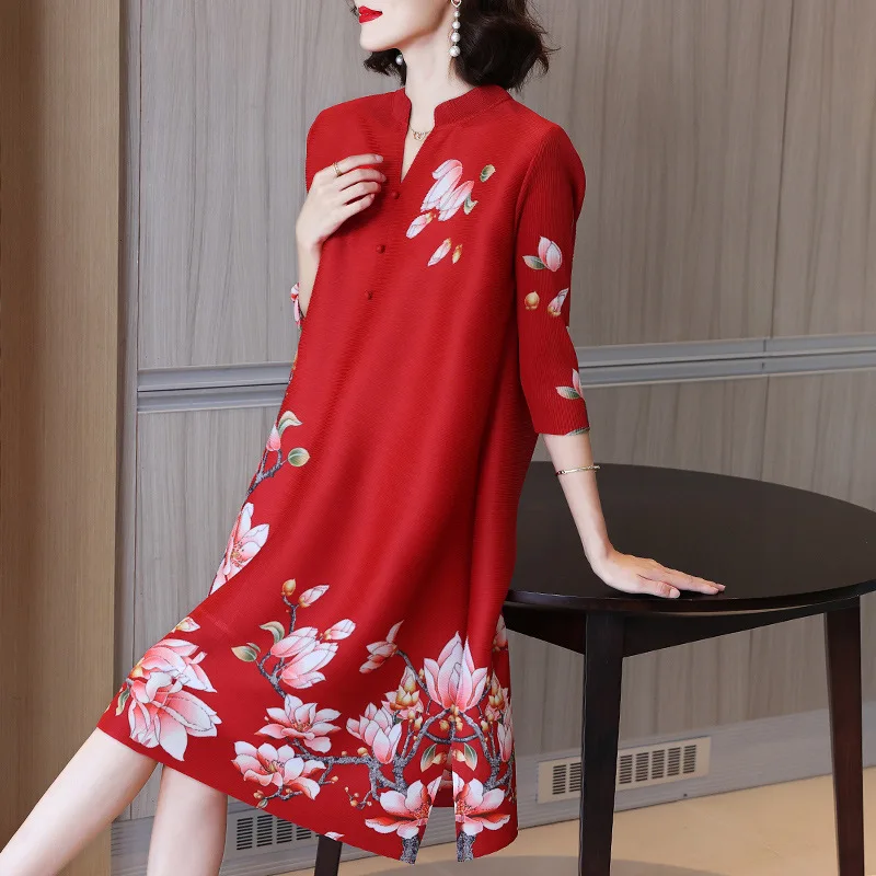 Improved Cheongsam Chinese Style Retro Large Red Dress Mother 2021 Autumn Dress Foreign Style Age Reduction Loose A Word Dress