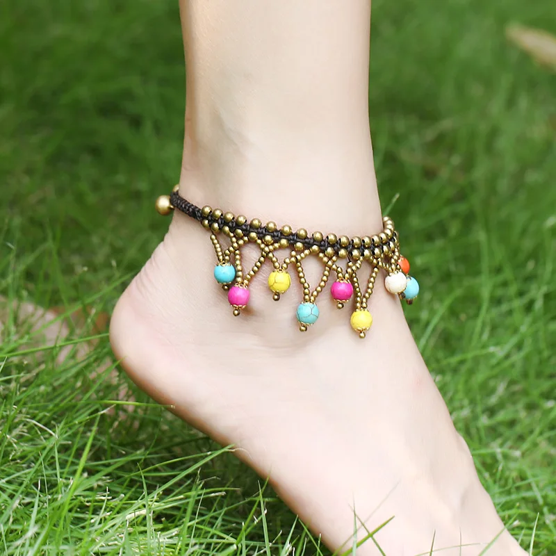 European and American Bohemian Retro Female Anklet Round Beads Semi-precious Stones Hand-woven Beach Holiday Women\'s Anklet