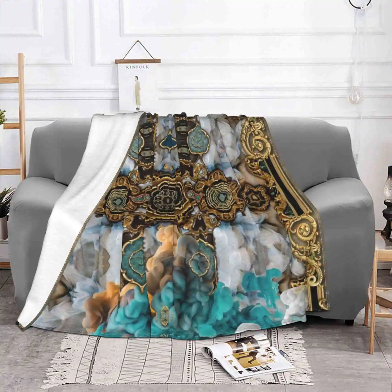 Baroque Inspired Luxury Decorative Golden Ornamental European Design All Sizes Soft Cover Blanket Home Decor Bedding Baroque