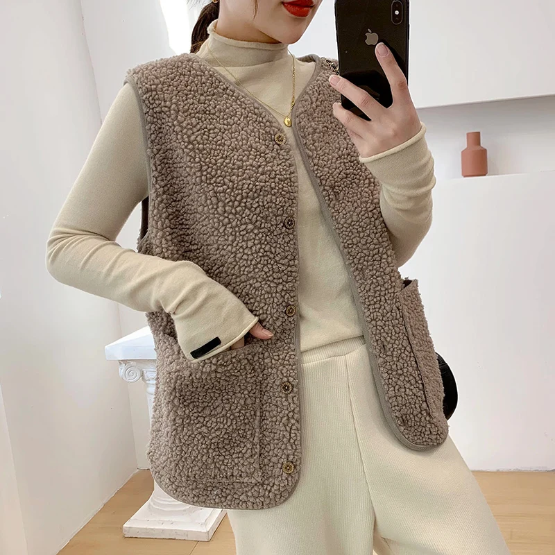 

Winter Wool Vest Womens 2020 Casual Lamb Fur Warm Sleeveless Waistcoat Female Round Neck Outwear Jackets Korean Style Clothes