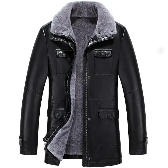 

Fashion Black Winter Hot Men Casual More pockets Genuine Mens Slim Turn Collar Motorcycle Leather jacket Fur Coat