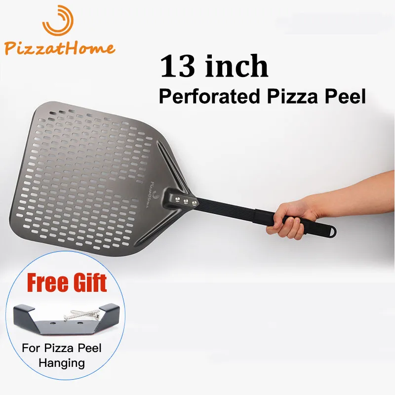 PizzAtHome New 13 Inch Hard Coating Perforated Pizza Peel Rectangular Pizza Shovel Aluminum Pizza Peel Paddle Short Pizza Tool