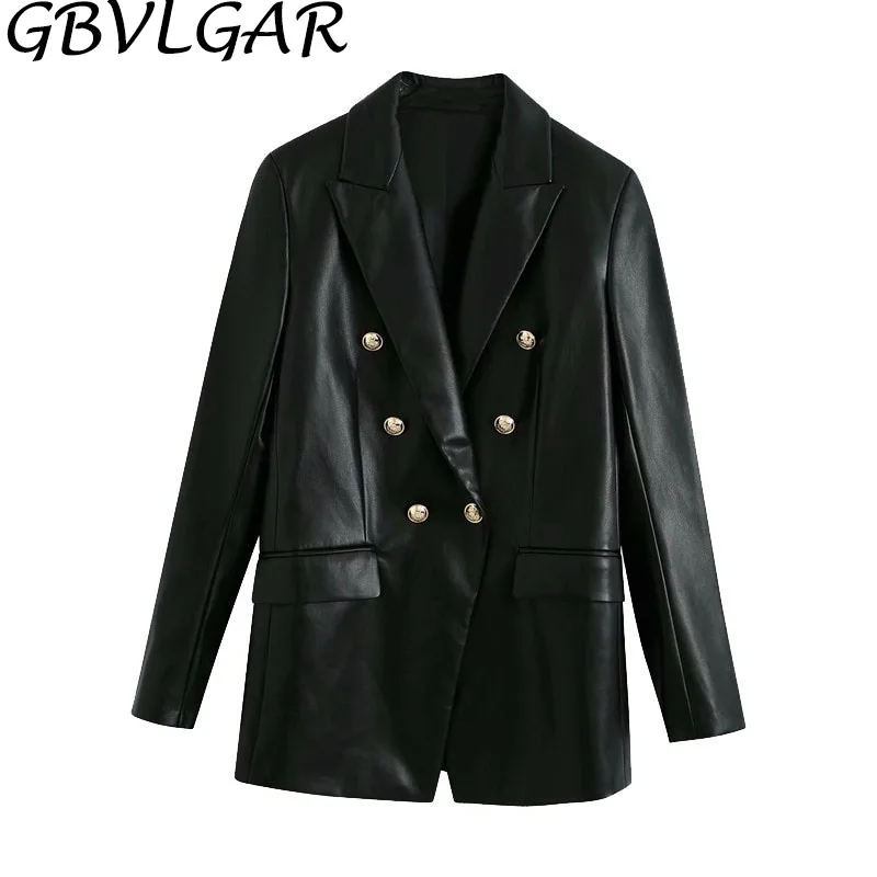 Women Fashion Notched Double Breasted PU Leather Blazers Coat Casual Straight Long Sleeve Back Vents Female Outerwear Chic Tops