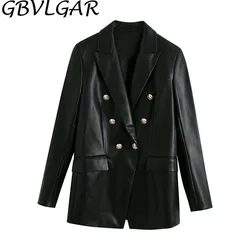 Frauen Mode Kerb Zweireiher PU Leder Blazer Mantel Beiläufige Gerade Lange Hülse Zurück Vents Weibliche Oberbekleidung Chic Tops