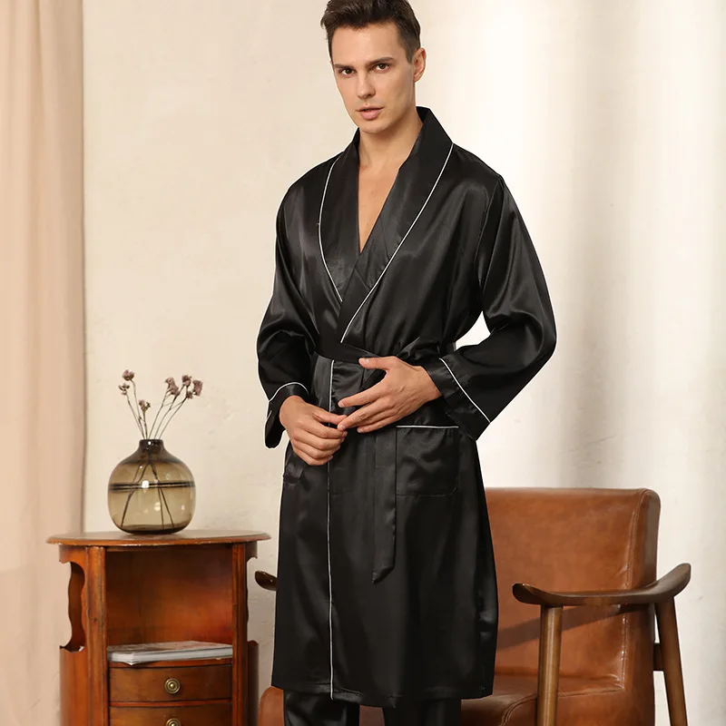 Men Pajamas Satin Kimono Robe Gown With Pants Thin Nightgown Two-pieces Bathrobe&Trousers Suit Summer Long Sleeve Nightwear