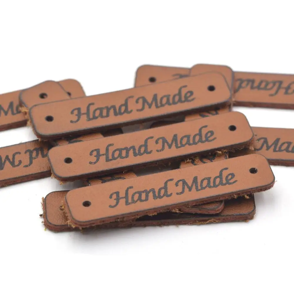 KALASO 20pcs Brown Hand made Labels Clothes Garment Leather Labels Hand Made Tags Caps Bags Shoes Gift Sewing DIY Supplies