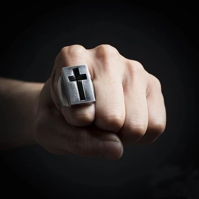 Gothic Retro Dropshipping Cross Men Jesus Rings Punk Rock Male Stainless Steel Amulet Jewelry Creativity Gift OSR608