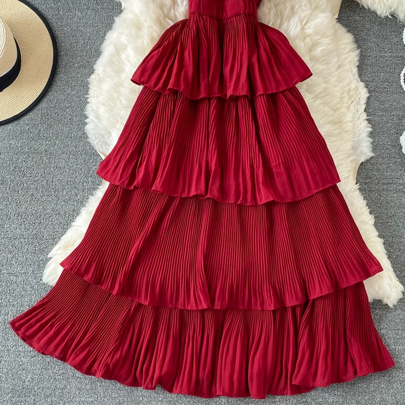 Summer Green/Pink/Red Pleated Spaghetti Strap Dress Women Sexy V-Neck High Waist Sleeveless Cascading Ruffle A-Line Draped Robe