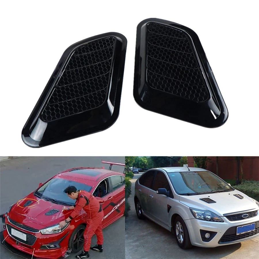 2 Pcs Car Air Flow Intake Scoop Hood Bonnet Vent Front Engine Cover Glossy Black
