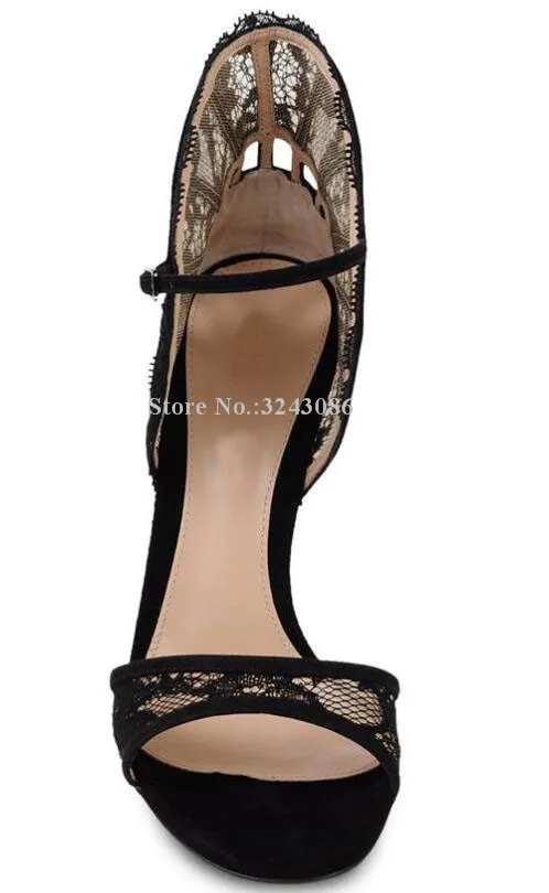 Sexy Black Lace Stiletto Heels Lady Sandals Fashion Circular Sector Ankle Buckle High Heel Sandals Elegant Female Banquet Shoes