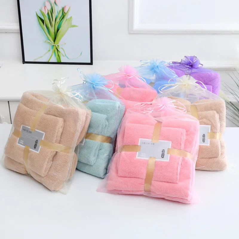 

Multicolor Towel Kit Household Bathroom Microfiber Solid Quickly Dry Hair Face Towel Absorbent Coral Velvet Bath Towel Suit Set