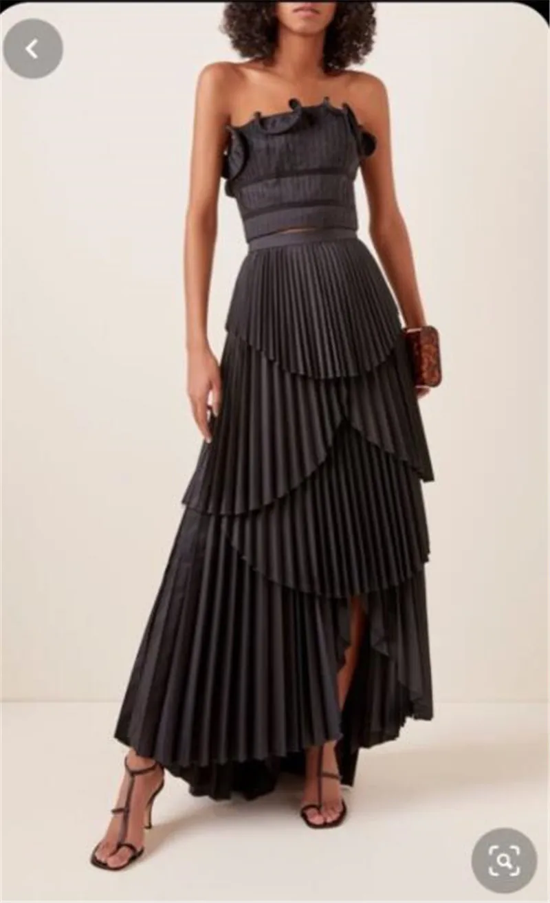 Verngo Modern Black Pleats A Line Evening Party Dresses Tiered Skirt Strapless Ankle Length Prom Gowns Special Occasion Dress