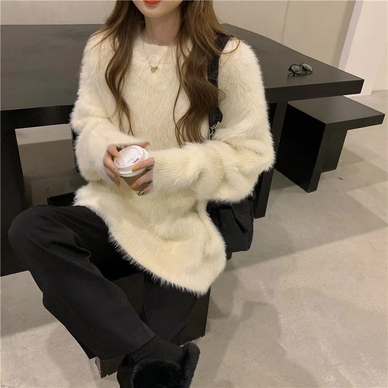 Women\'s White Sweater Coat Fall Winter Thick Loose Soft Mink Fleece Sweater Solid Oversize Jumper Plush Lazy Style Pullover Top