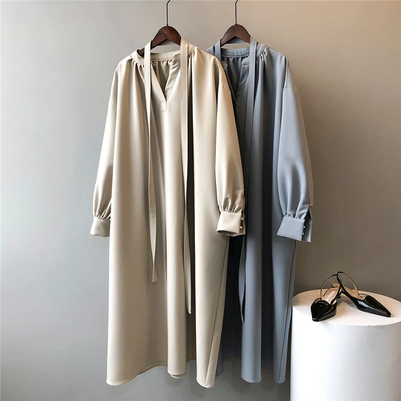 

2022 New Spring Autumn Dress Loose Casual Women Dress Korean V-neck Slim Waist Belt Solid Elegant Temperament Lacing Long Skirt