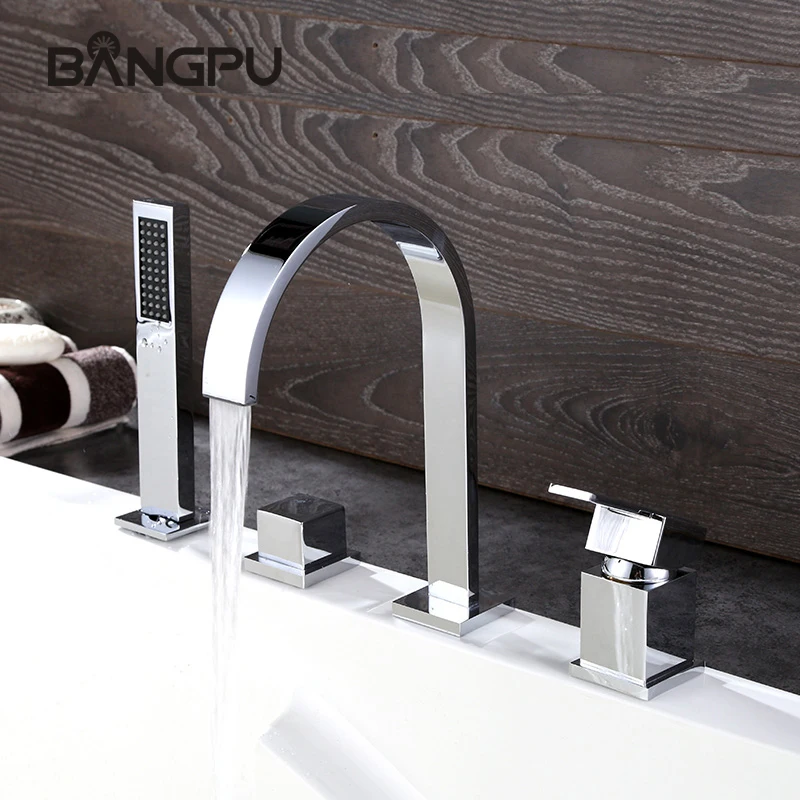 BANGPU Bathtub Faucet With Handheld Shower 4 Hole Bathroom Faucet Solid Brass Bathroom Bathtub Faucet Set Chrome Deck Mounted