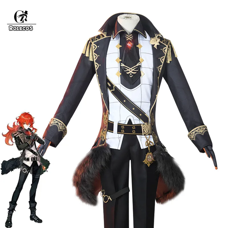 

ROLECOS Game Genshin Impact Cosplay Costume Diluc Cosplay Costume Men Black Costume Uniform Halloween Shirt Pants Glove Full Set