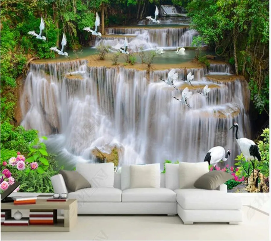 

Papel de parede Waterfall river forest white crane 3d wallpaper mural,iving room tv wall bedroom wall papers home decor