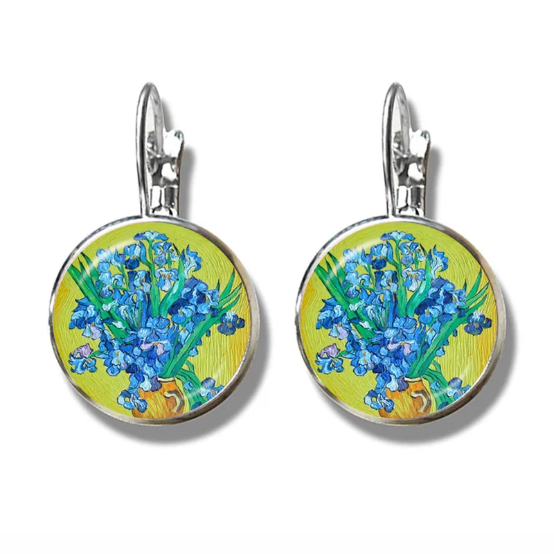 Retro Van Gogh Art Starry Night Sunflower Stud Earrings 16mm Glass Cabochon Dome Silver-plated Earrings Jewelry For Women Girls