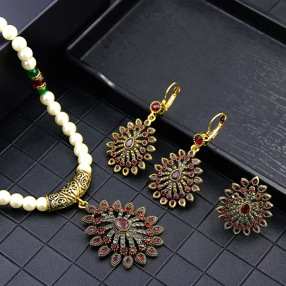 Sunspicems 2021 Algerian Beaded Wedding Jewelry Set for Women African Flower Earrings Necklace Ring Antique Gold Color bijoux