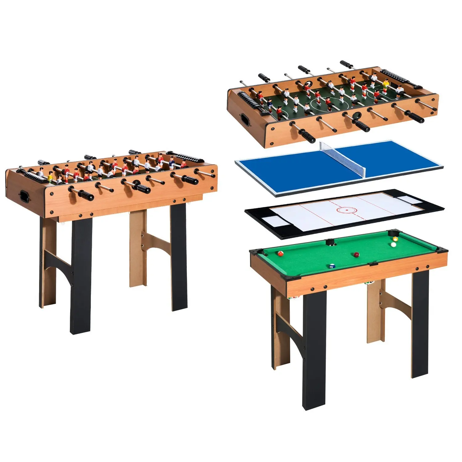 HOMCOM Mesa Multijuegos 4 en 1 Incluye Futbolin Air Hockey Ping-Pong y Billar Juguete de Madera para Ninos y Adultos 87x43x73cm