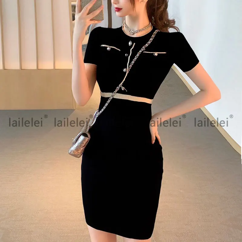 Button Bodycon O-Neck Short Sleeve Knitted Dress Women Elegant Party korean Fashion Office Lady Summer Sundress 2021 Robe Femme