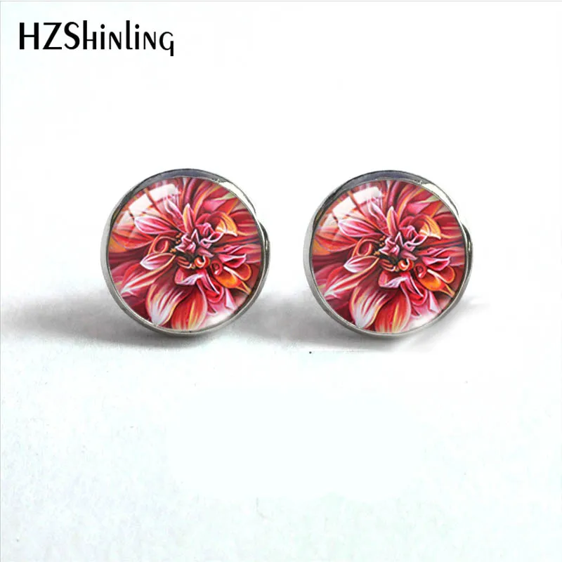 2021 Dahlia Flower Paintings Glass Round Stud Earrings Glass Cabochon Ear Fashion Jewelry