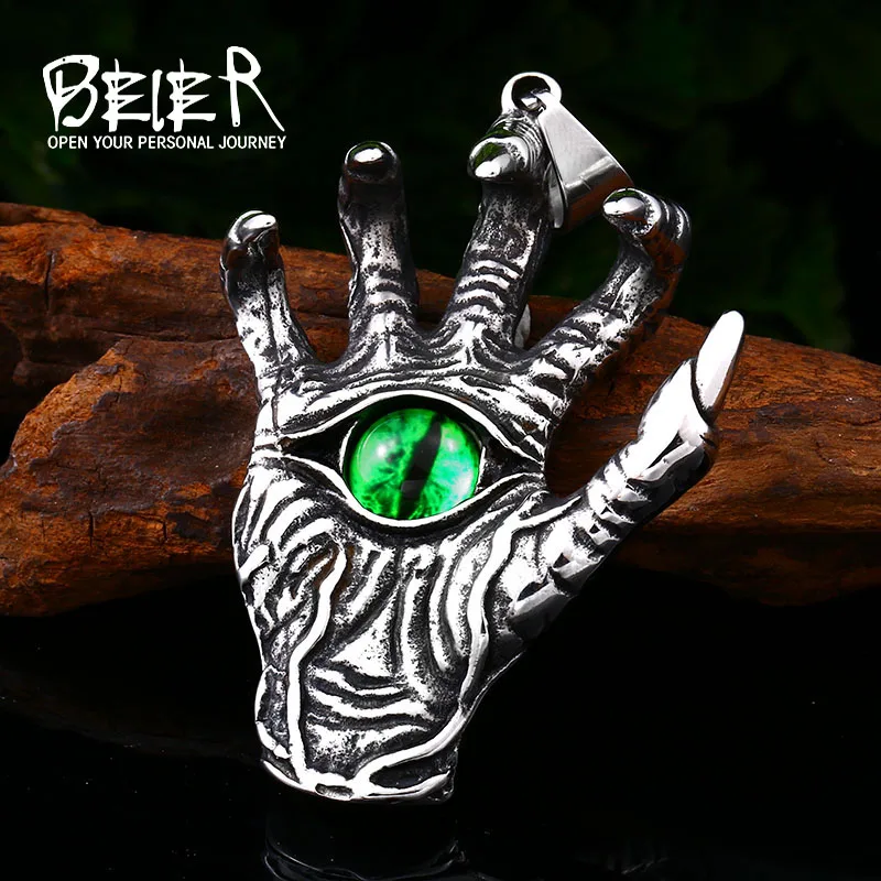 BEIER Fashion Stainless steel paw pendant necklace with Green Evil eye for man Punk Rock jewelry dropshipping BP8-552