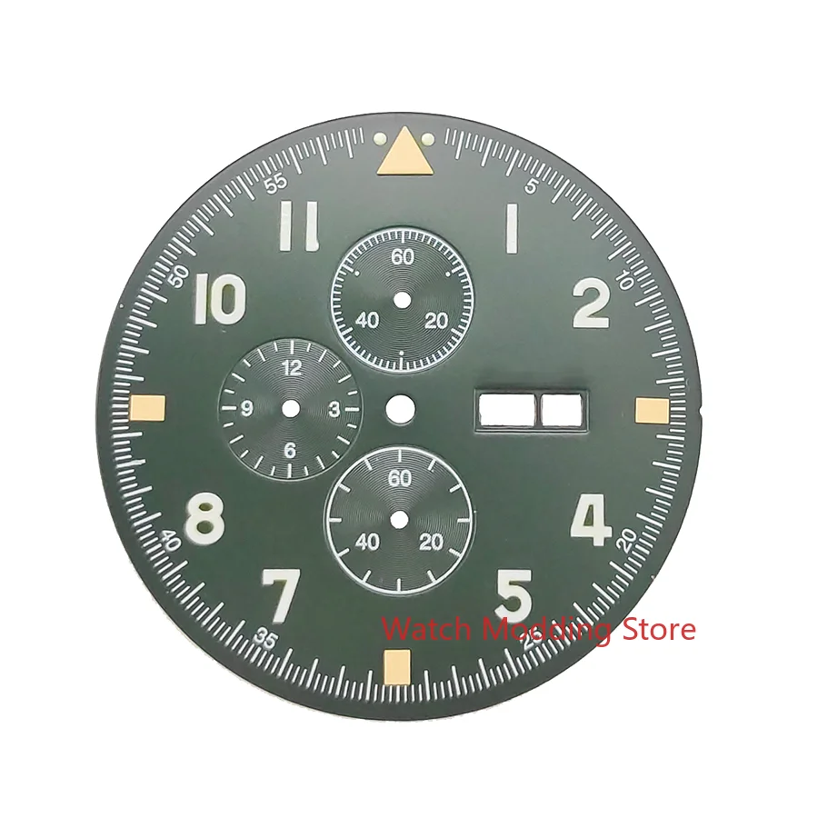 Green Luminous 37.7mm Green Pilot\'s Chronograph Watch Dial Fit Miyota Cal.0S00 Movement 12 Hours