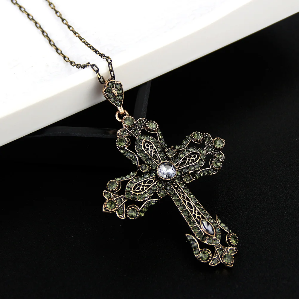 Sunspicems Vintage Gray Rhinestone Cross Pendant Necklace Earring Sets for Women Religious Church Jewelry Turkish Design 2020