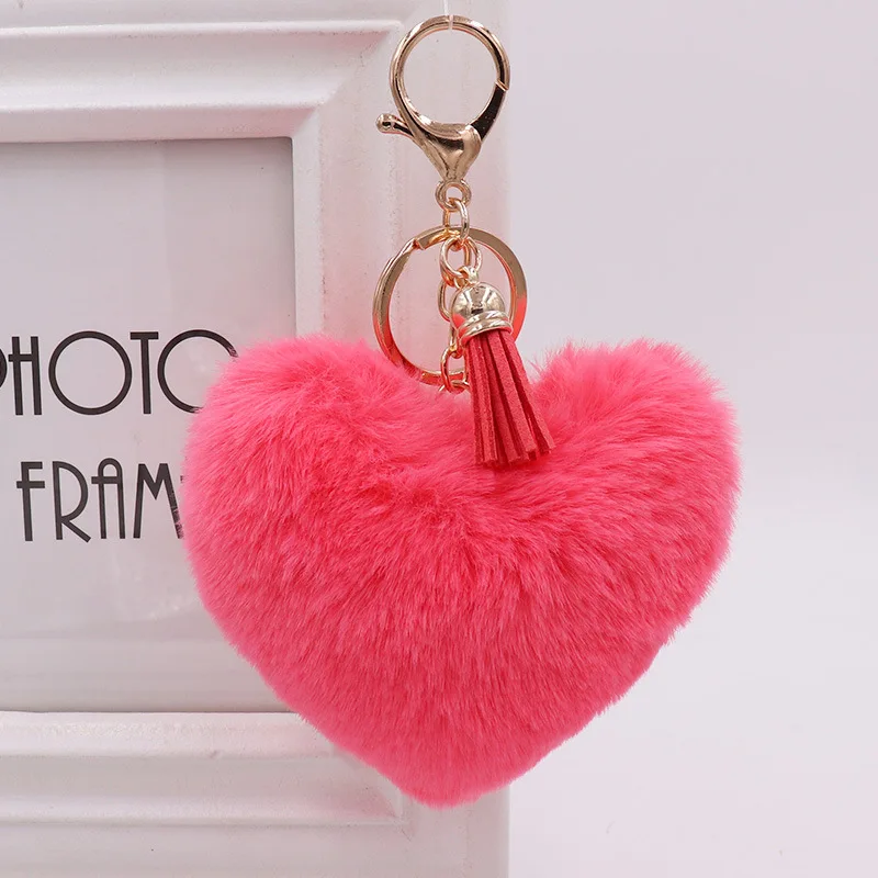 Cute Fluffy Heart Fur Ball Tassel Keychain For Women Faux Rabbit Pompom Car Pendant Keyring Holder Charm Bag Girl Party Gift