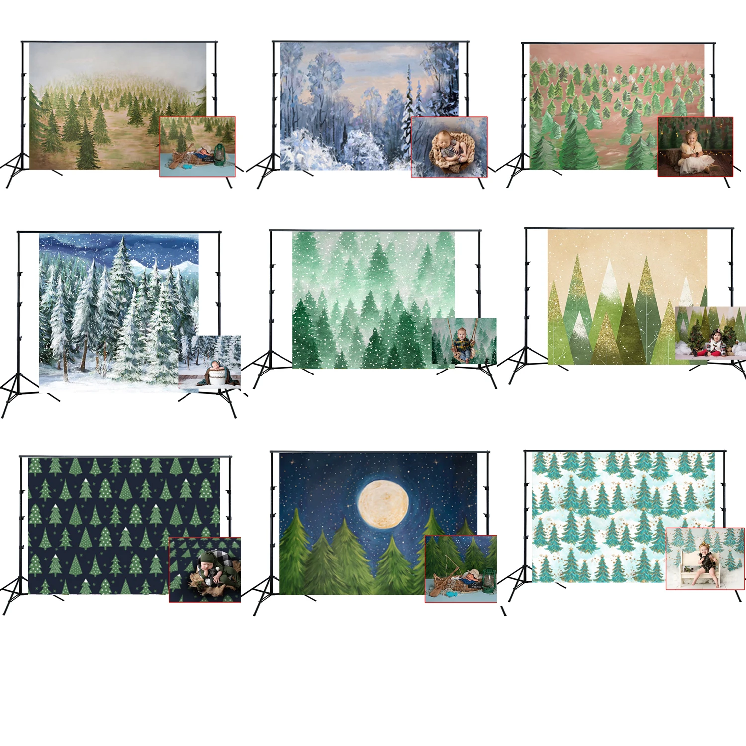 Christmas Backdrops For Photography Oil Painting Style Pine Tree Stars Moon Decor Baby Shower Photo Studio Photocall Photo Prop