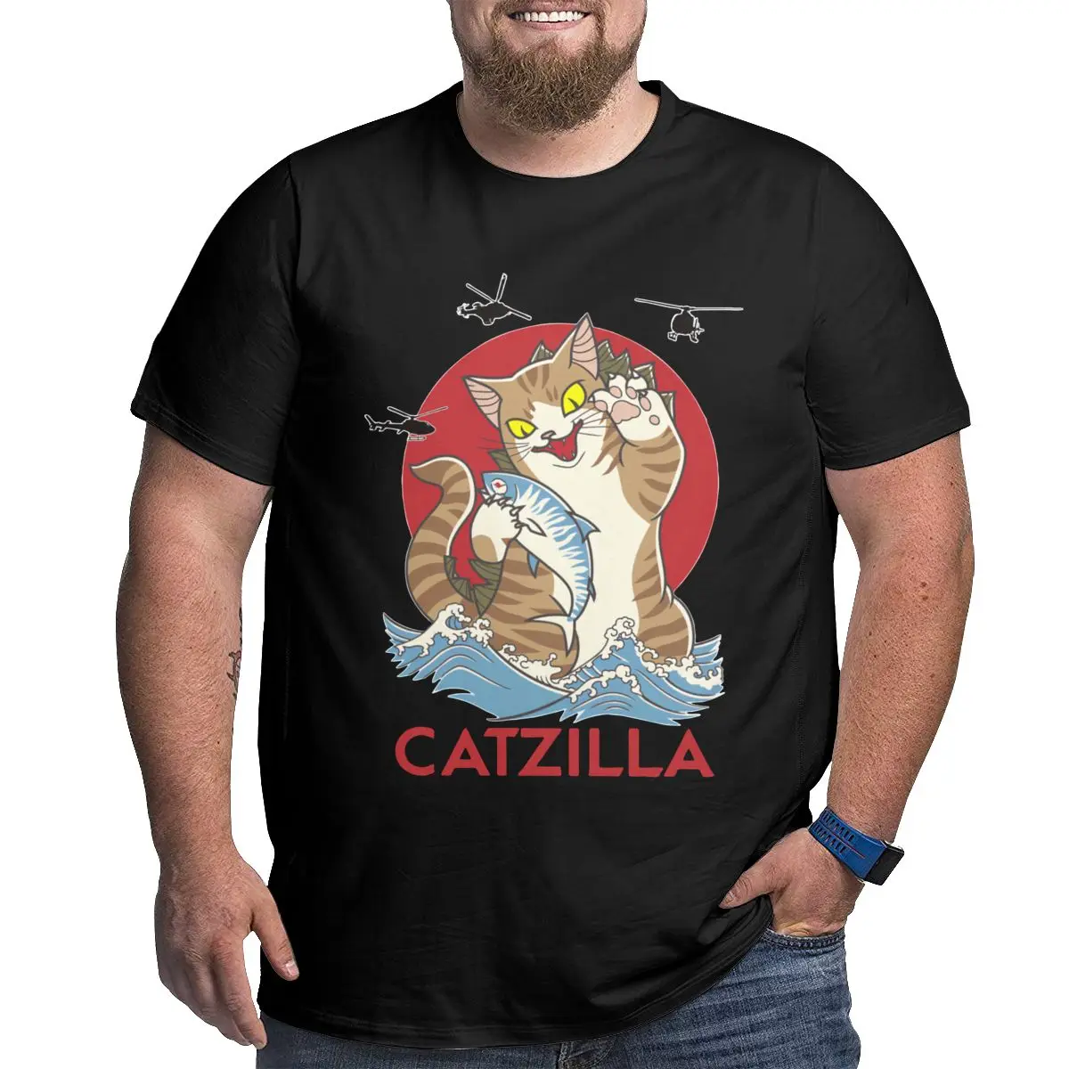 Catzilla Japanese Monsters Cat T-Shirts for Men 100% Cotton Big Tall Tee Shirt Short Sleeve T Shirts Oversized 4XL 5XL 6XL Tops