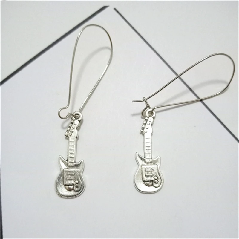 Music Earrings, Antique Silver Color Guitar Charms on Kidney Wire Hooks Earrings, Long Earrings, Gift for Music Lover