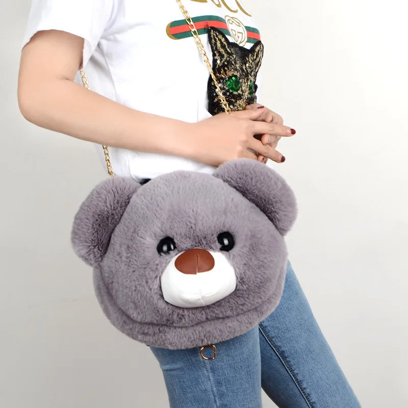 Fluffy Rabbit Fur Bear Messenger Bag For Women Cute Girls Plush Bears Zipper Handbags Bags Female Party Girlfriend Gift