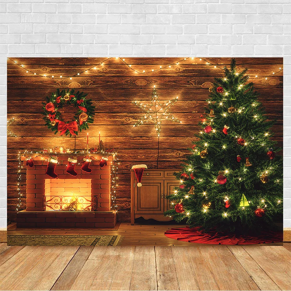 Christmas Fireplace Backdrop Photocall Christmas Tree Sock Green Wreath Background Rustic Wood Light Winter Portrait Photography