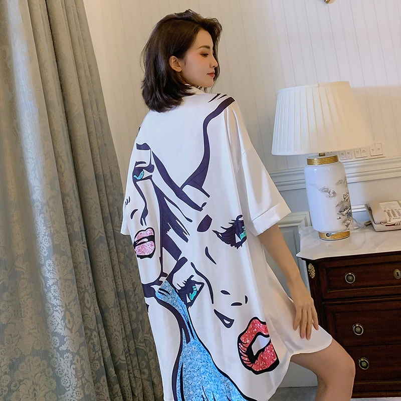 

Women's nightdress fashion large white shirt bathrobe loose casual printing home sexy pregnant women underwear sleepwear pijama