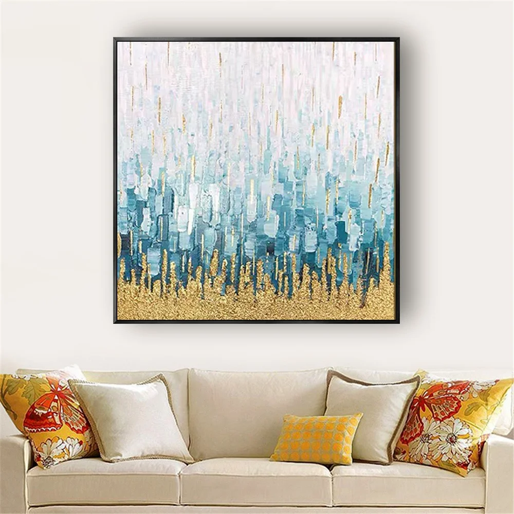 100% Hand-Painted Golden Oil Painting Gray Blue Abstract Wall Art Pictures Canvas Poster Decor Living Room Home Indoor Trim Gift