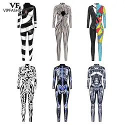 VIP FASHION Female Halloween Costume For Women Cosplay Robot Printed Costumes Jumpsuit Skull Carnival Costume Bodysuit Rompers