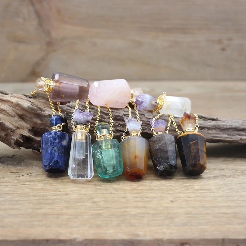 Faceted Fluorite Tiger eye Perfume Bottle Pendant Necklace Druzy Caps Essential Oil Vial Charms Women Fashion Jewelry QC1114