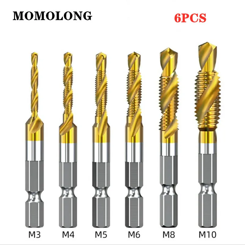 6PCS/Set M3-M10 Tap Drill Bits Shank Titanium Coated HSS Drilling Tap Bits Thread Screw Tools Machine Taps