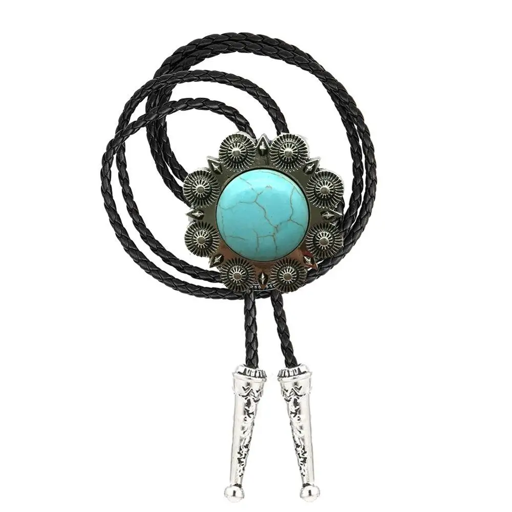 Round shape turquoise bolo tie for men western cowboy for man slides set clasp necktie