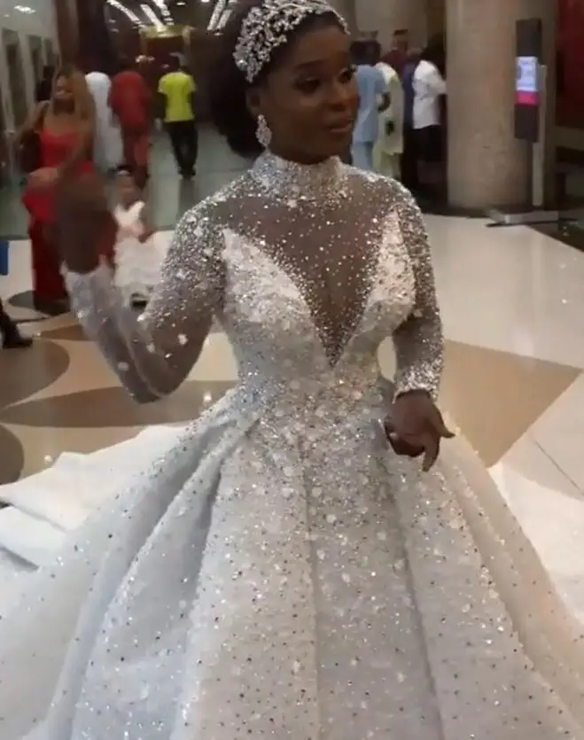 2020 novos vestidos de casamento africano vestido de baile gola alta miçangas lantejoulas vestido de noiva mangas compridas vestidos de casamento árabe