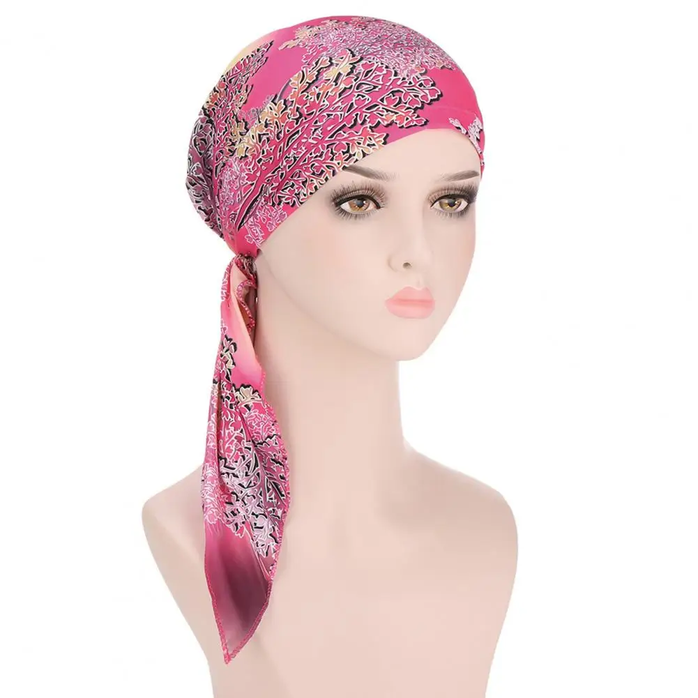 Traditional Headscarf Cap Floral Print Pre Tied Turban Cap Head Wrap Women Tassel  Bandana Hat Turban Cap Hair Accessories