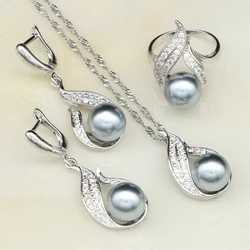 Gray Pearl White Cubic Zirconia Jewelry Set 925 Sterling Silver Bridal Jewelry For Women Earring/Ring/Pendant/Necklace